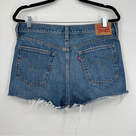 Levi's 501 medium wash button placket frayed raw edge whiskered denim shorts. - Picture 8 of 13